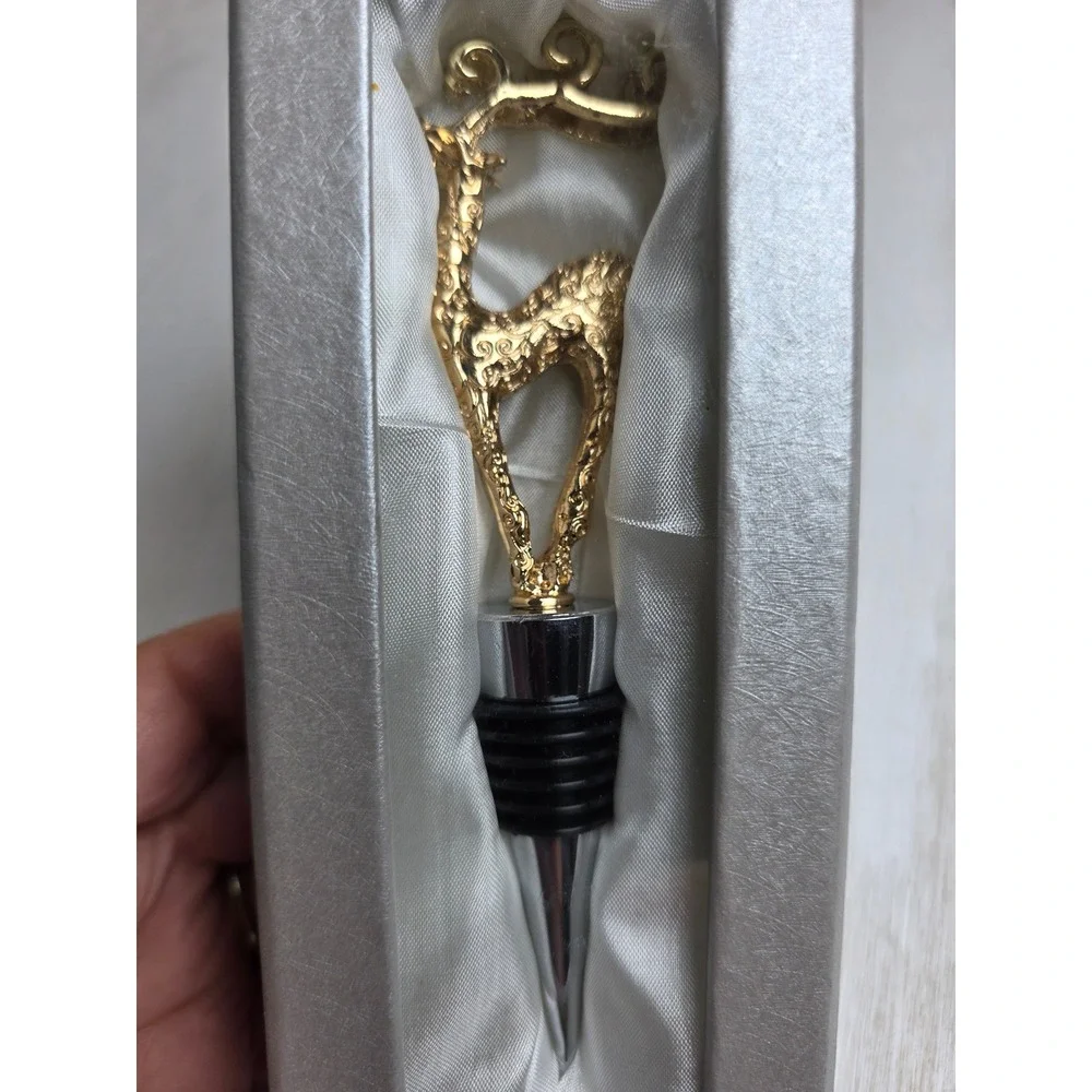 Gold Deer Wine Bottle Stopper Stag Head Barware Gift Boxed Cottagecore Holiday